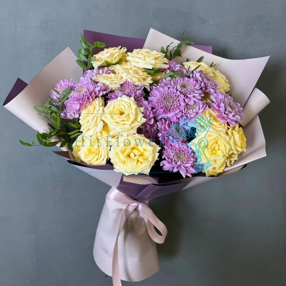 Букет цветов из: Хризантемы и Розы